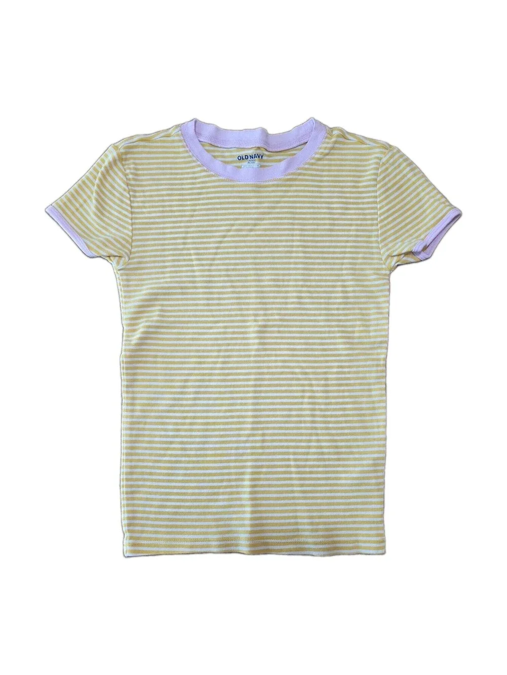 Old Navy Kids Unisex XL 12 Yellow White Striped Ringer T-Shirt Pink Trim Tee